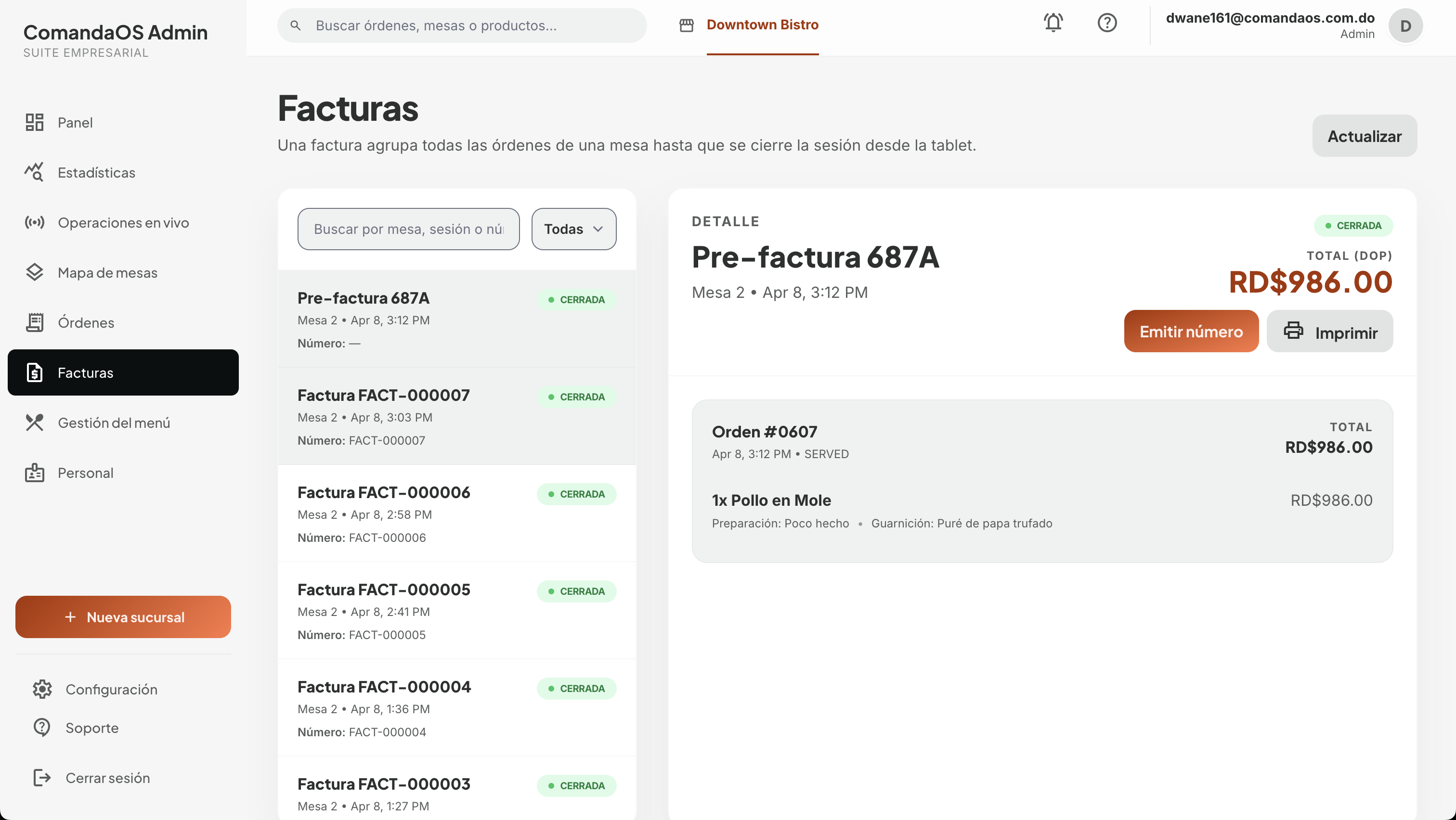 Pantalla de facturas en Admin Web