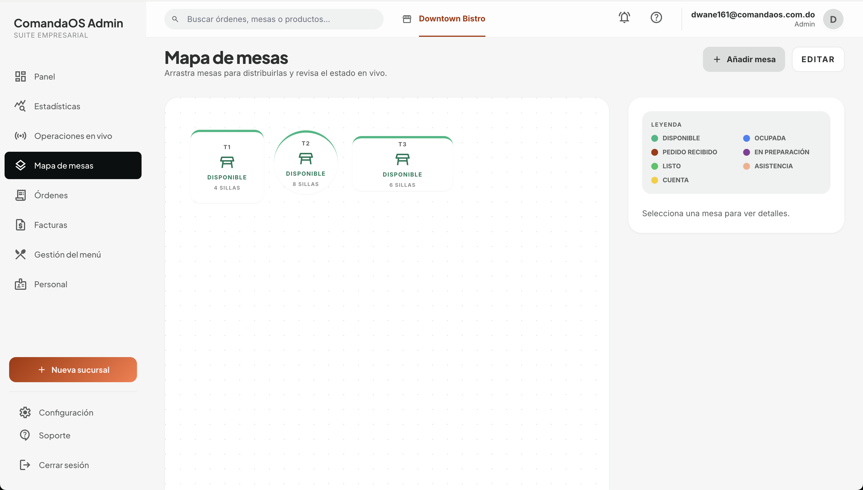 Mapa de mesas en Admin Web