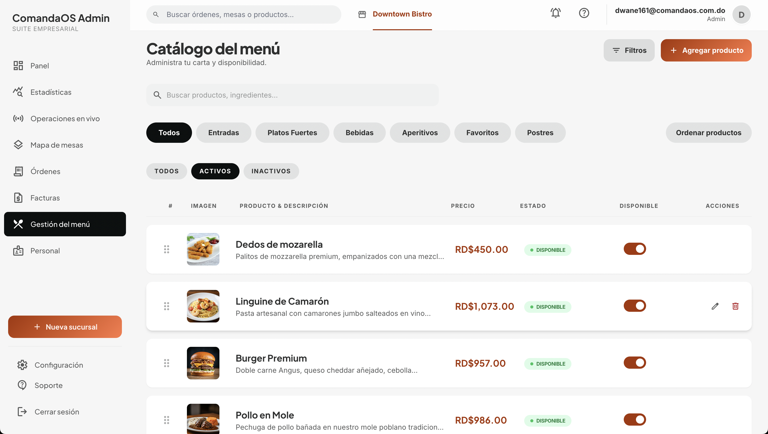 Admin Web: catálogo del menú