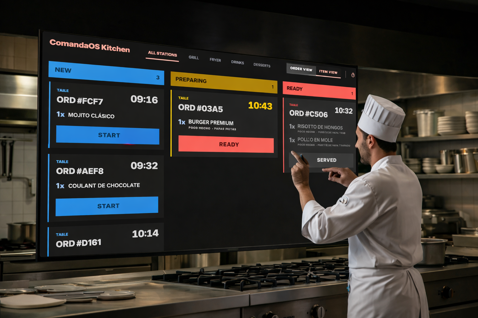 KDS en cocina mostrando pedidos por estados