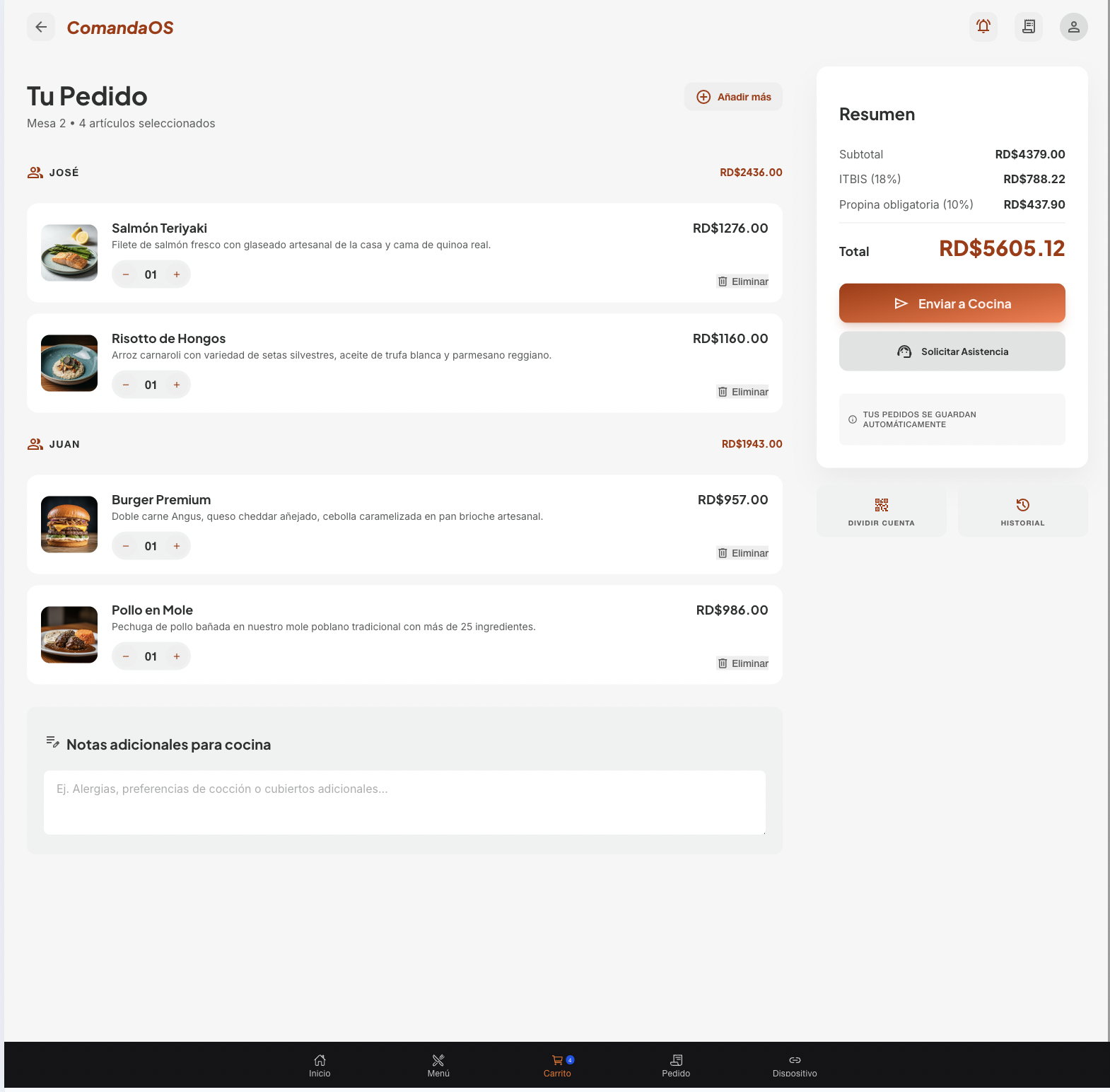 Carrito y envío a cocina en Table App